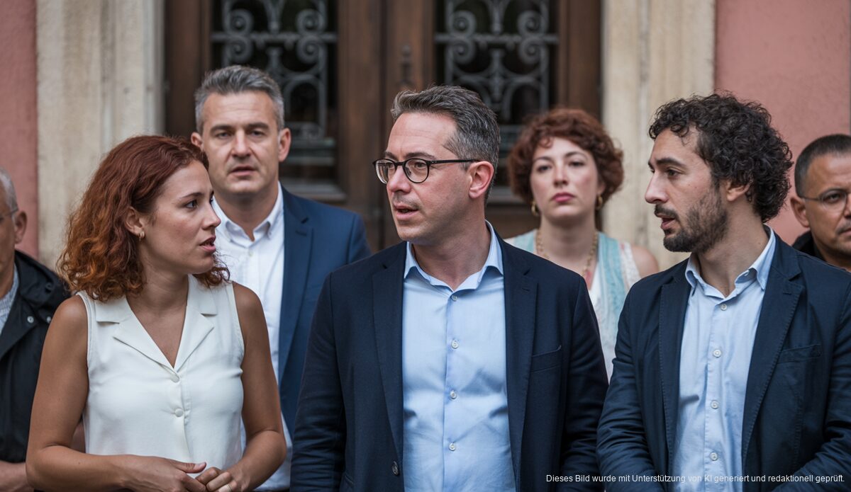 Politische Diskussionen vor dem Rathaus von Manacor, Mallorca.