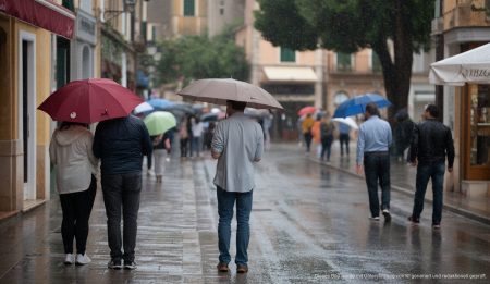 Regen und milde Temperaturen auf Mallorca: Aktuelle Wetterlage Regenszene in Sóller auf Mallorca mit Straßen unter Regen.