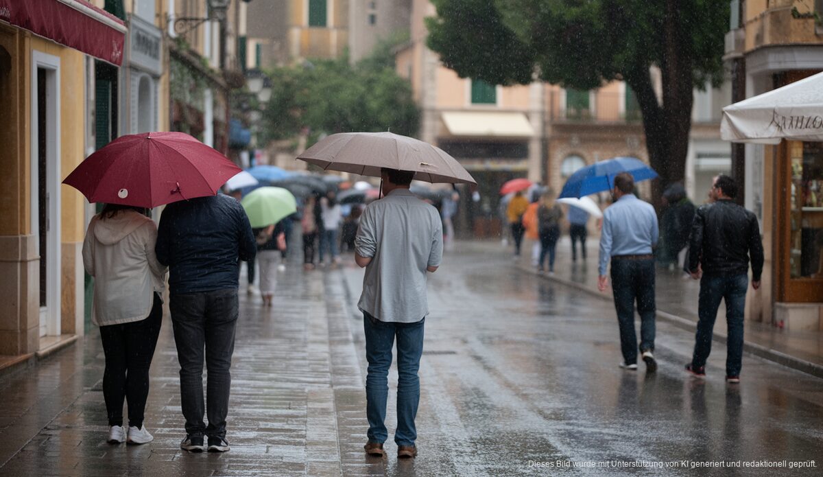 Regenszene in Sóller auf Mallorca mit Straßen unter Regen.