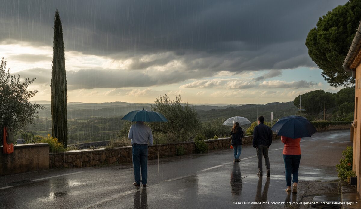 Männer und Frauen mit Regenschirmen in Sineu unter dunklem Himmel