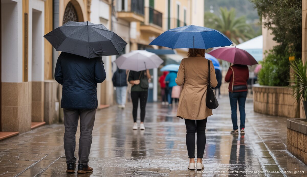 Regen und milde Temperaturen auf Mallorca: Ein typischer Wintertag Regnerischer Wintertag in einer charmanten Stadt auf Mallorca mit Menschen und Regenschirmen