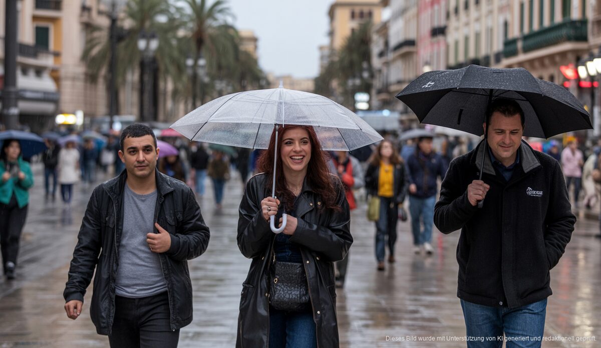 Regenwetter auf Mallorca am 23. Dezember 2025 mit Menschen und Regenschirmen.