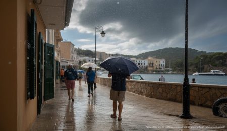 Regnerisches Winterwetter prägt Port d’Andratx auf Mallorca Regnerisches Wetter in Port d'Andratx, Mallorca mit stürmischen Wolken und Ortsbewohnern im Regen.