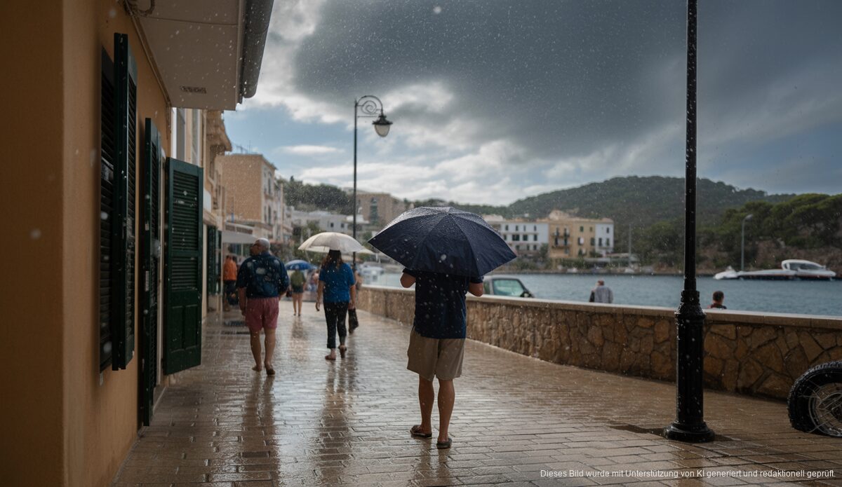 Regnerisches Wetter in Port d'Andratx, Mallorca mit stürmischen Wolken und Ortsbewohnern im Regen.