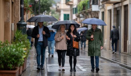 Regnerisches Wetter auf Mallorca sorgt für gemäßigte Temperaturen Regnerisches Wetter auf Mallorca mit Menschen unter Regenschirmen.
