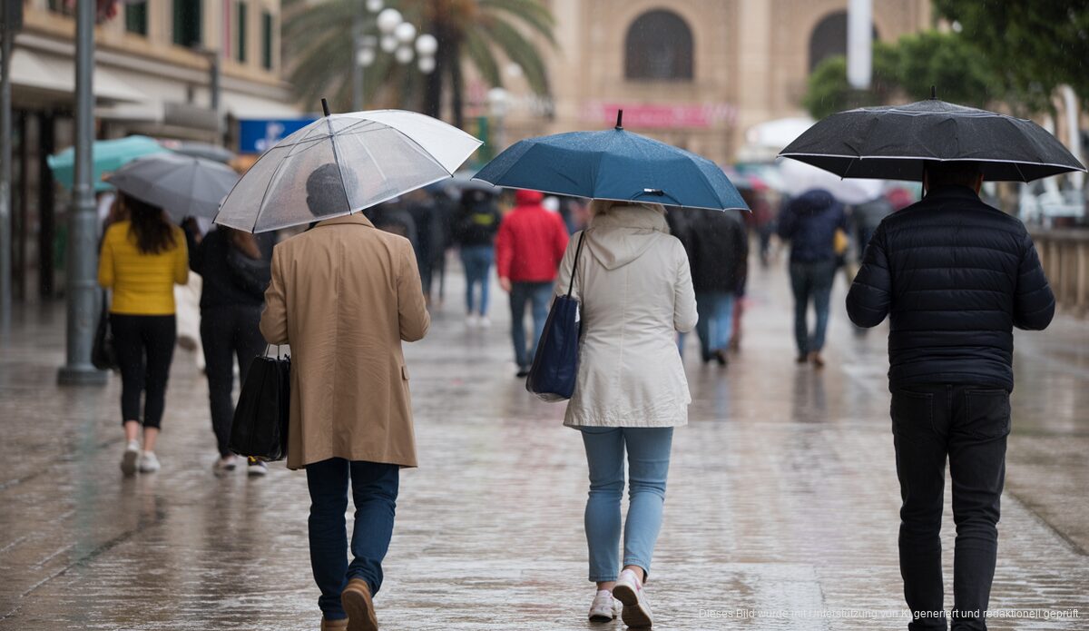 Regenwetter auf Mallorca: Menschen mit Regenschirmen auf einer nassen Straße in Palma