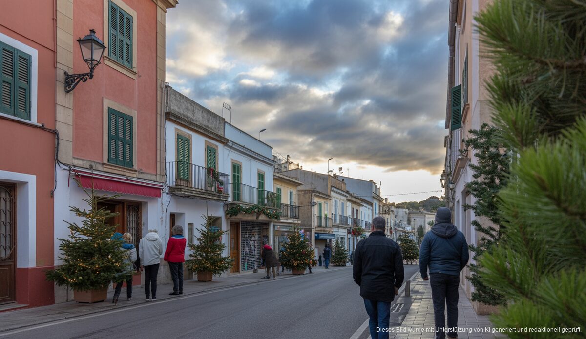Mildes Weihnachtswetter in Santanyí auf Mallorca, bewölkte Himmel und Weihnachtsschmuck