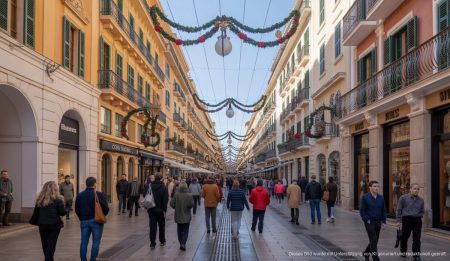 Einkaufsstraße auf Mallorca voller Menschen während eines verkaufsoffenen Feiertags.