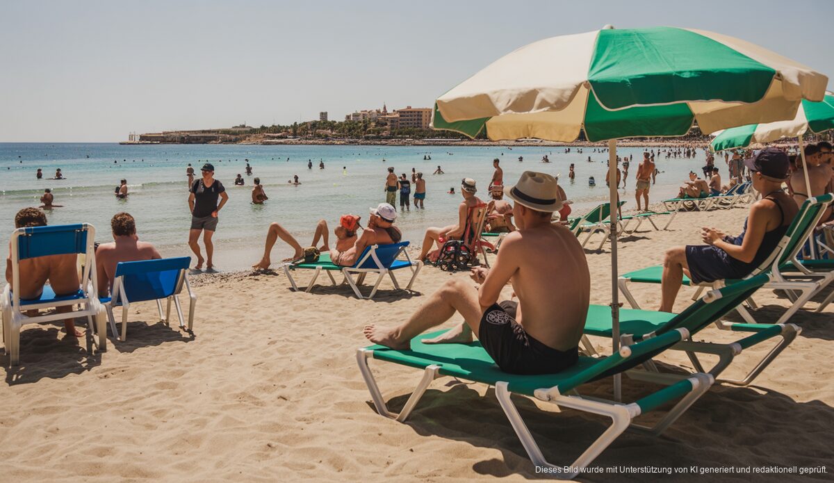Strandliegen auf der Playa de Palma mit gestiegenen Preisen für Sommer 2026.