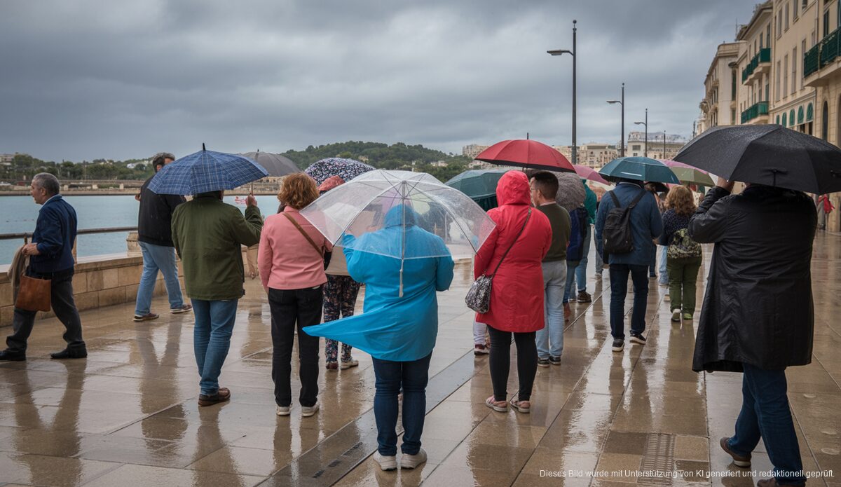 Regnerisches Winterwetter auf Mallorca mit Menschen in Regenkleidung.
