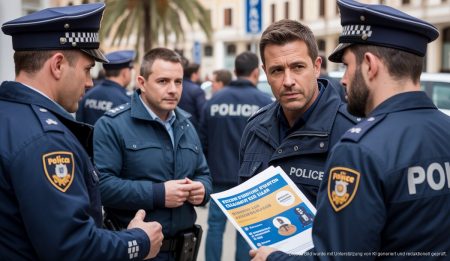 Polizisten auf Mallorca diskutieren über Kryptobetrug.