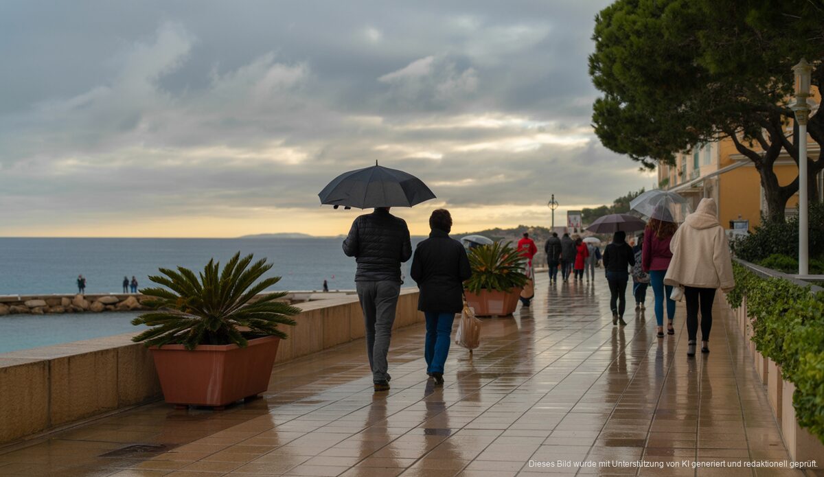 Weihnachtswetter in Port d'Andratx mit milden Temperaturen und Regenschirmen