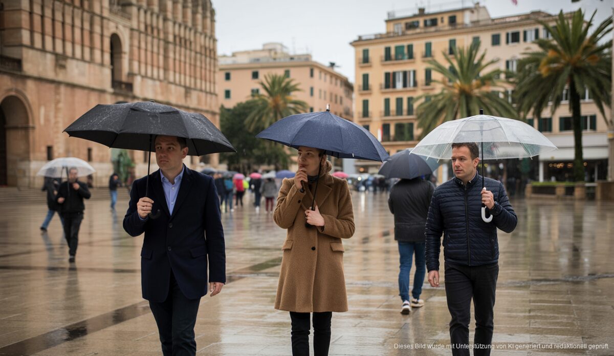Regenwetter in Palma de Mallorca mit Passanten und Regenschirmen.