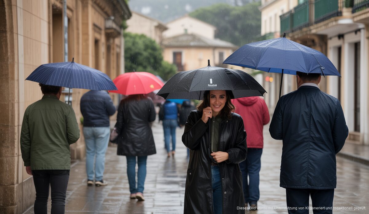 Regnerisches Wetter in Sóller mit Menschen in Regenmänteln und Schirmen auf der Straße