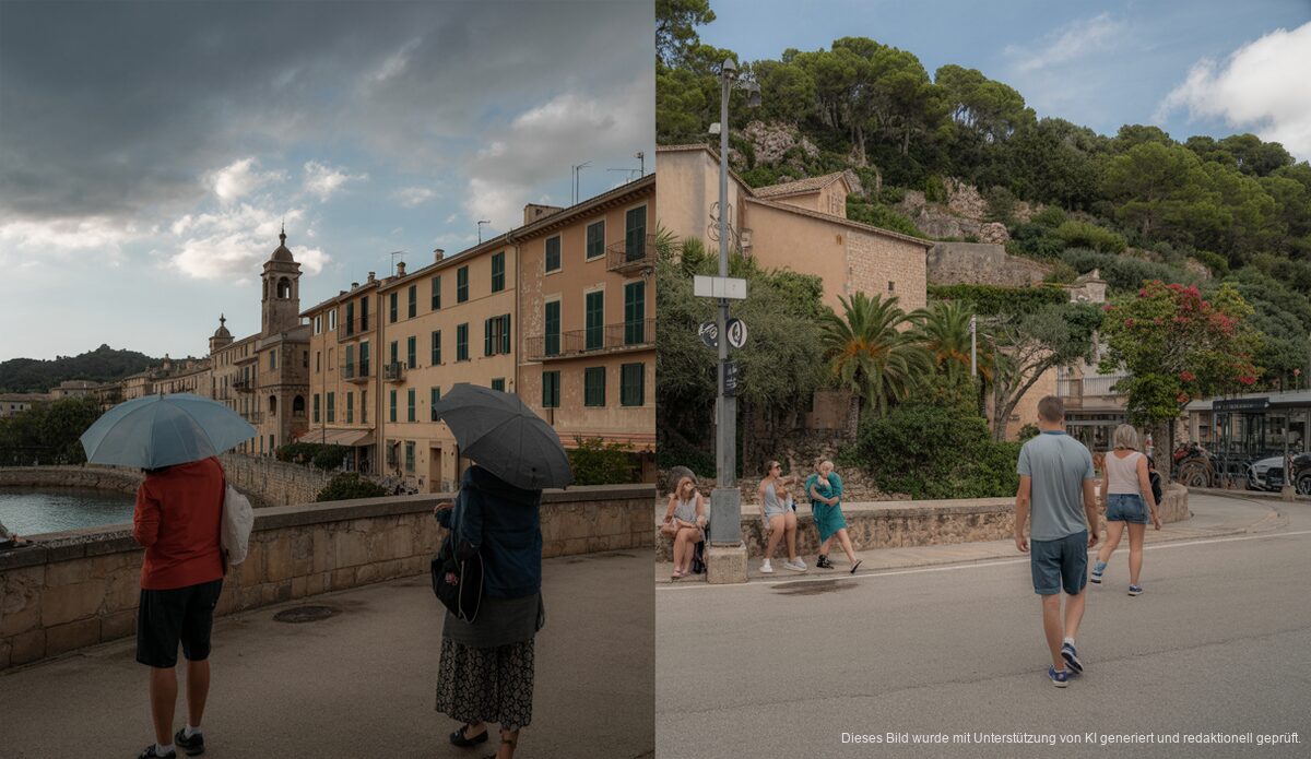 Wechselhaftes Wetter in Sóller und sonnige Bedingungen in Sencelles dargestellt auf Mallorca.