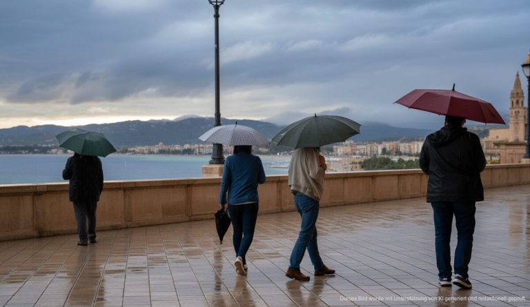 Wetterveränderungen auf Mallorca: Regen und Temperatursturz erwartet Bewölkter Himmel über Palma de Mallorca, Menschen mit Regenschirmen