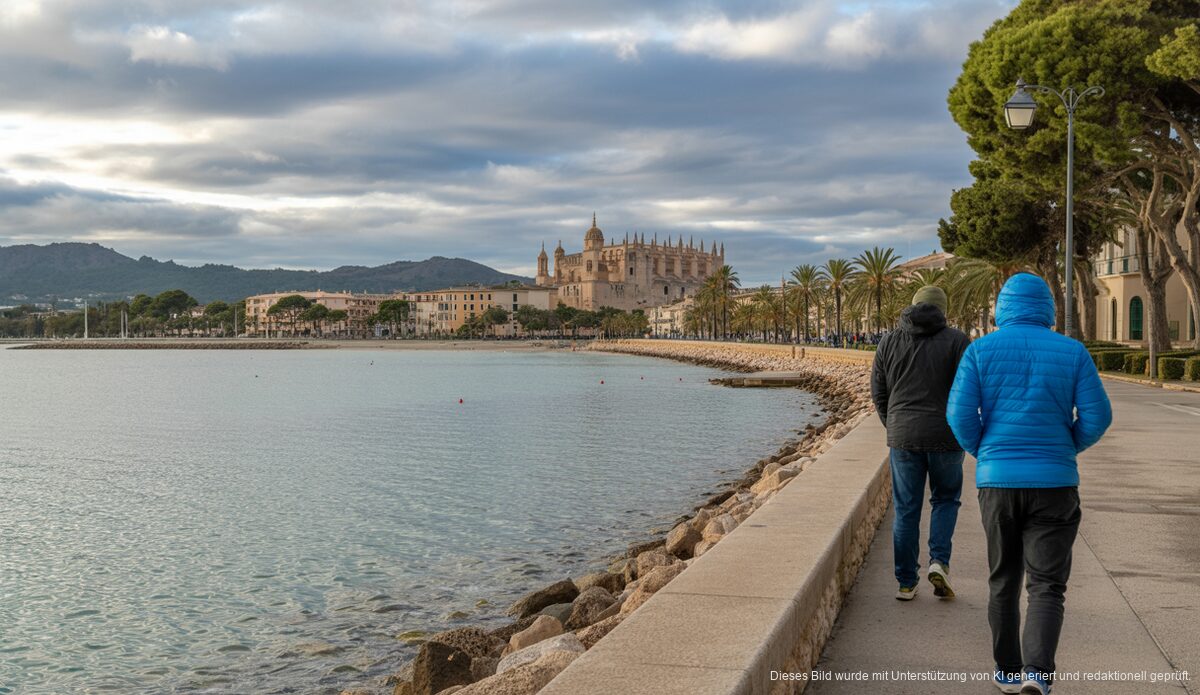 Küste von Alcúdia, Mallorca, bei leichtem Regen und winterlicher Kleidung