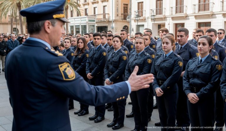 Neue Polizeianwärter auf einem Platz in Palma de Mallorca mit Bürgermeister