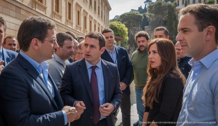 Das Regierungsgebäude in Palma de Mallorca mit Diskussionen vor der Tür