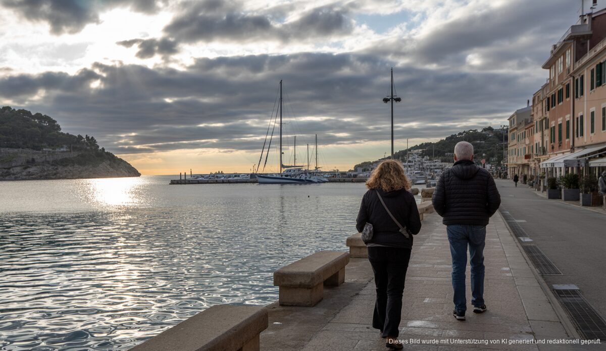 Bewölkter Himmel und milde Temperaturen in Port d'Andratx im Januar