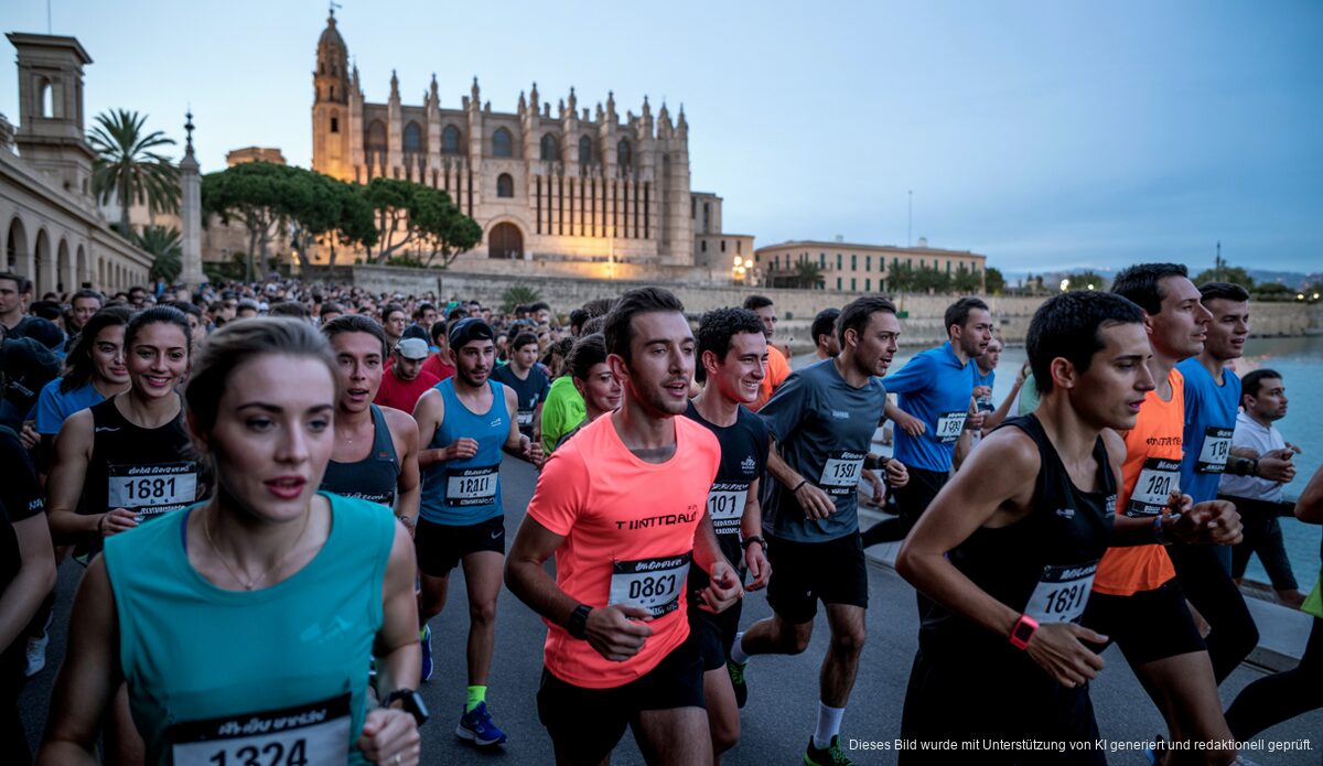 Läufer bei der Binter NightRun in Palma de Mallorca, Aufnahmen an bekannten Orten wie der Dalt Murada Esplanade.