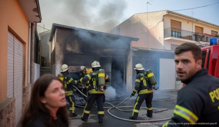 Revetla in Palma von Wetter und Feuer bedroht Feuerwehrleute löschen einen Brand in Pòrtol, Mallorca