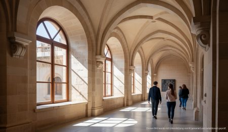 Restaurierter Innenraum der Casa de la Misericordia in Palma mit Steinbögen und natürlichem Licht