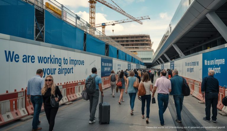 Baustellen am Flughafen Palma de Mallorca mit verwirrten Reisenden