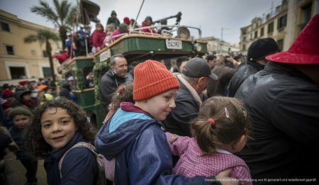 Festwagenparade auf Mallorca trotz Regen und Wind.