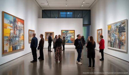 Fiona Rae stellt erste Einzelausstellung in Spanien vor Besucher betrachten abstrakte Gemälde von Fiona Rae im Es Baluard Museu.