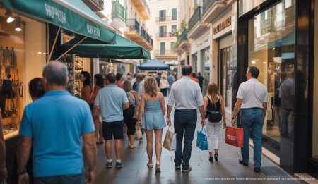 Geschäfte auf Mallorca öffnen an Feiertagen im Januar 2026 Geschäfte in Palma de Mallorca mit Menschenmengen bei sonnengeflutetem Tageslicht im Januar