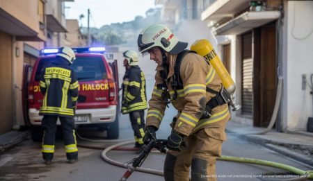 Gasexplosion und Hausbrand auf Mallorca erschüttern Einheimische Feuerwehrkräfte im Einsatz bei einer Gasexplosion in Inca, Mallorca