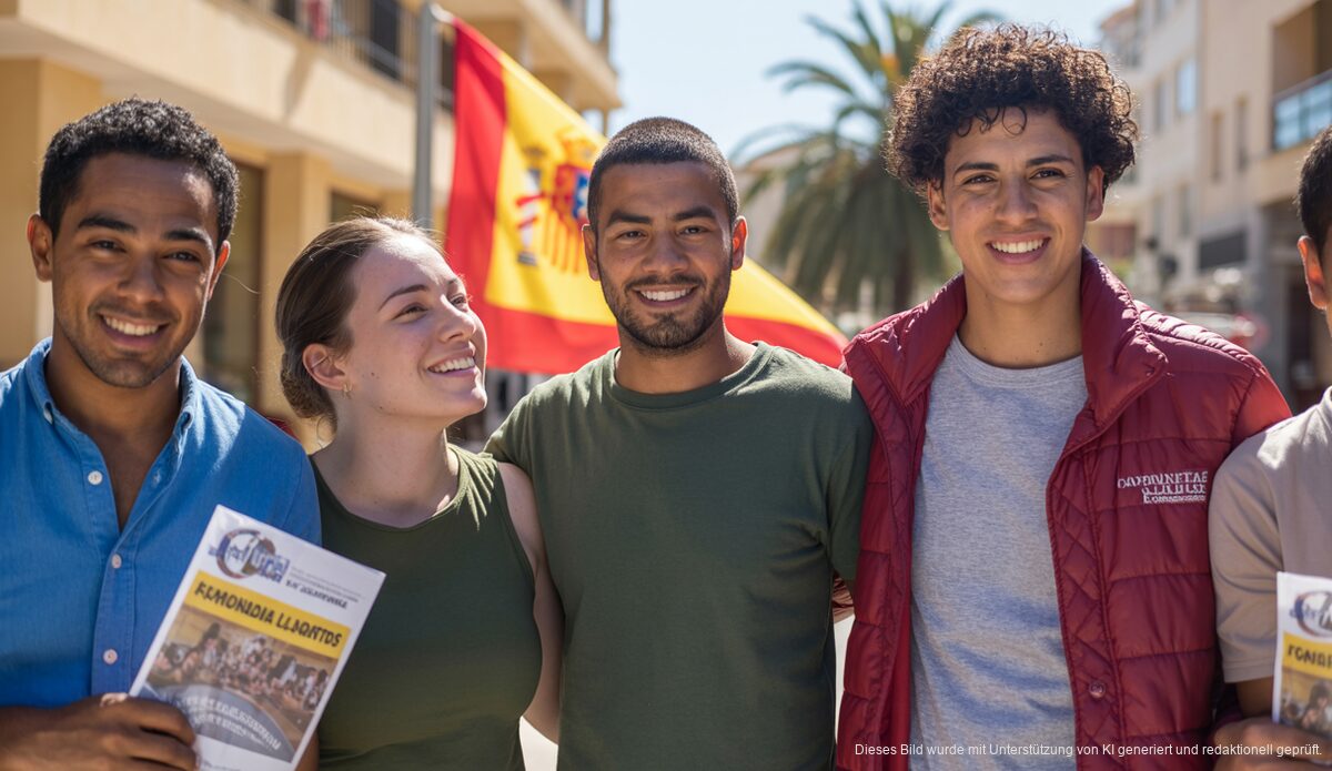 Eine diverse Gruppe von Menschen in Palma de Mallorca, vereint für Migrantenrechte.