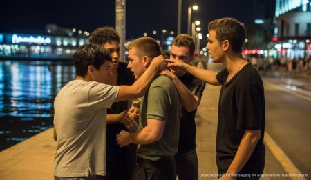 Jugendliche und ein Mann im Konflikt am Paseo Marítimo von Palma, nachts, mit Discotheken im Hintergrund.