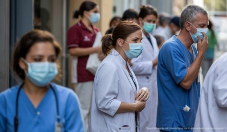 Krankenhauspersonal mit Masken in Palma de Mallorca während der Grippewelle