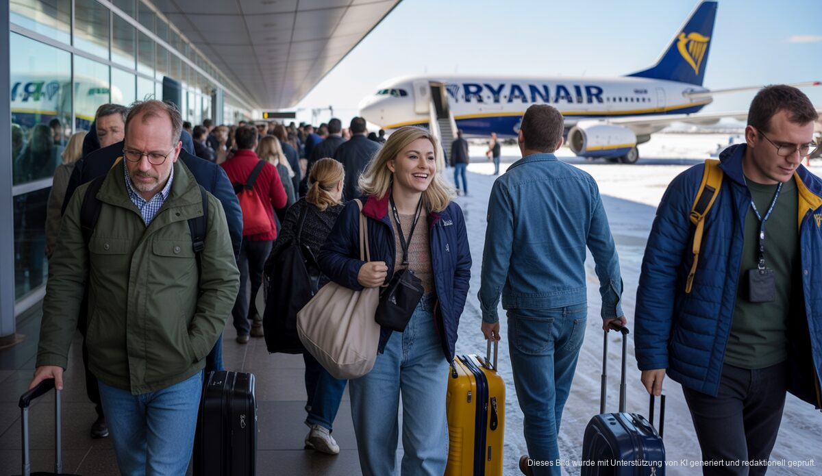 Reisende am Flughafen besteigen Ryanair-Flug nach Mallorca