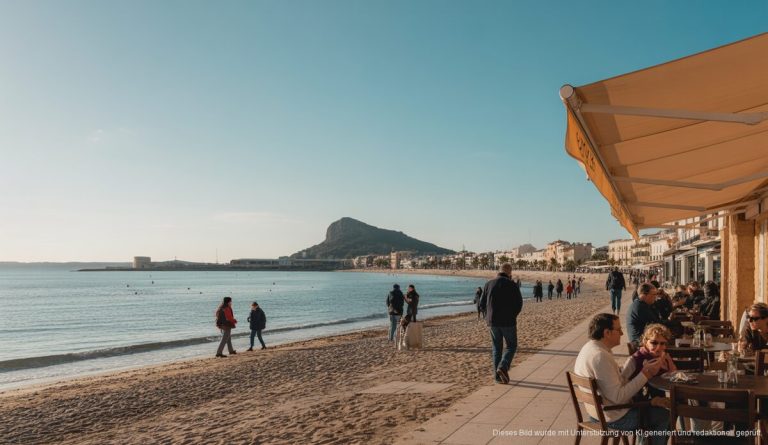 Ein klarer Himmel über Alcúdias Strand im Januar 2026 mit Menschen auf einem sonnigen Spaziergang