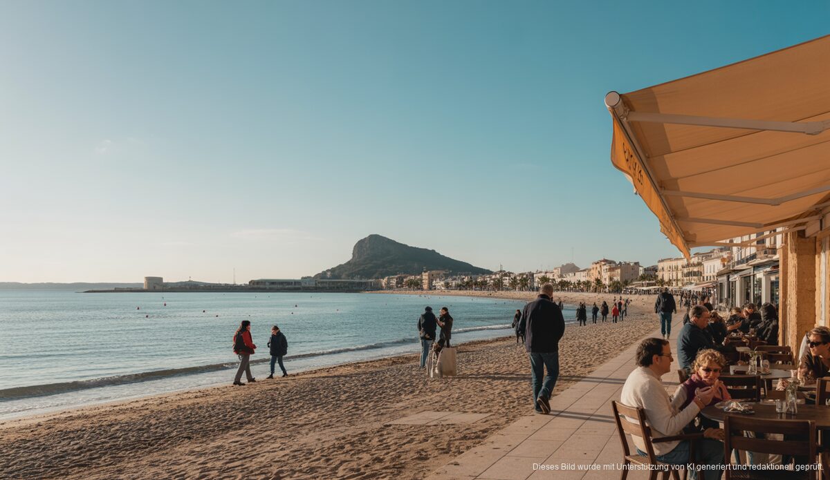 Ein klarer Himmel über Alcúdias Strand im Januar 2026 mit Menschen auf einem sonnigen Spaziergang