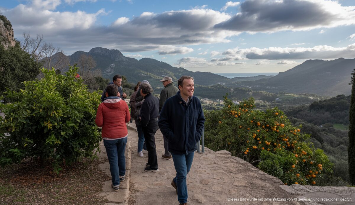 Mäßig bewölkter Himmel über Sóller mit Bergen und Orangenhainen im Hintergrund.