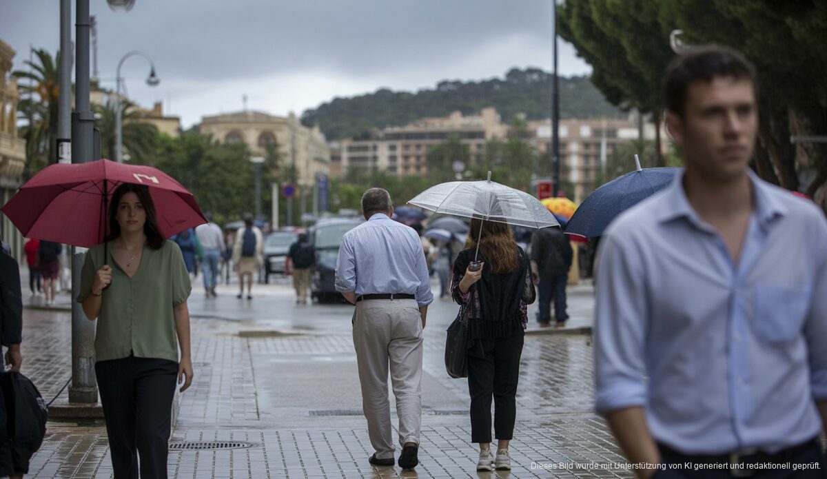 Regen in Santa Ponsa: Menschen mit Regenschirmen in einem städtischen Umfeld