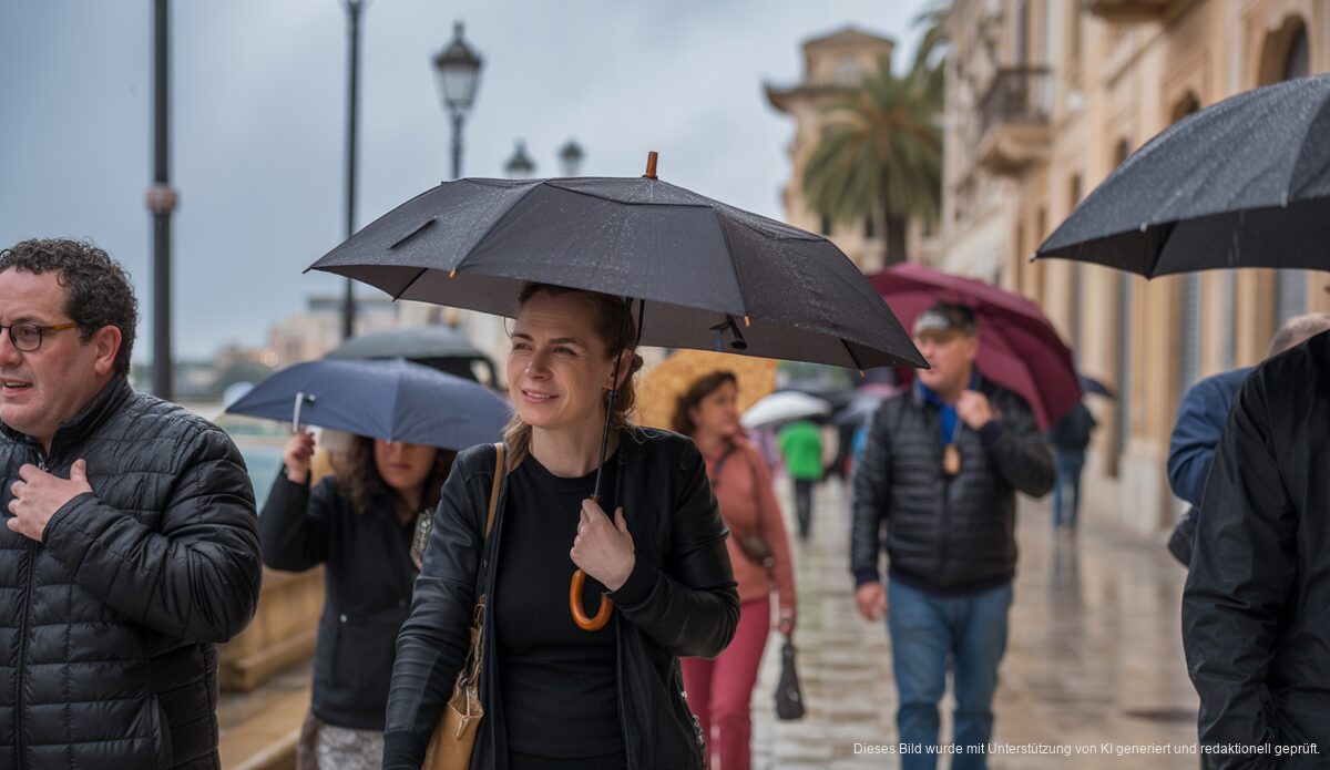 Leichter Regen in Palma de Mallorca mit Menschen und Regenschirmen