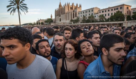 Migranten auf einem belebten Platz in Palma de Mallorca mit der Kathedrale im Hintergrund