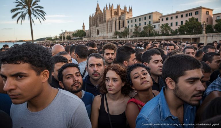 Migranten auf einem belebten Platz in Palma de Mallorca mit der Kathedrale im Hintergrund