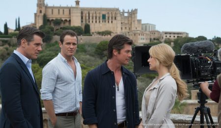 Filmcrew bei Dreharbeiten der Serie MobLand in La Fortalesa, Mallorca