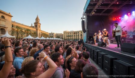 Musikfestival in Palma mit Bandauftritt und bunten Lichtern.