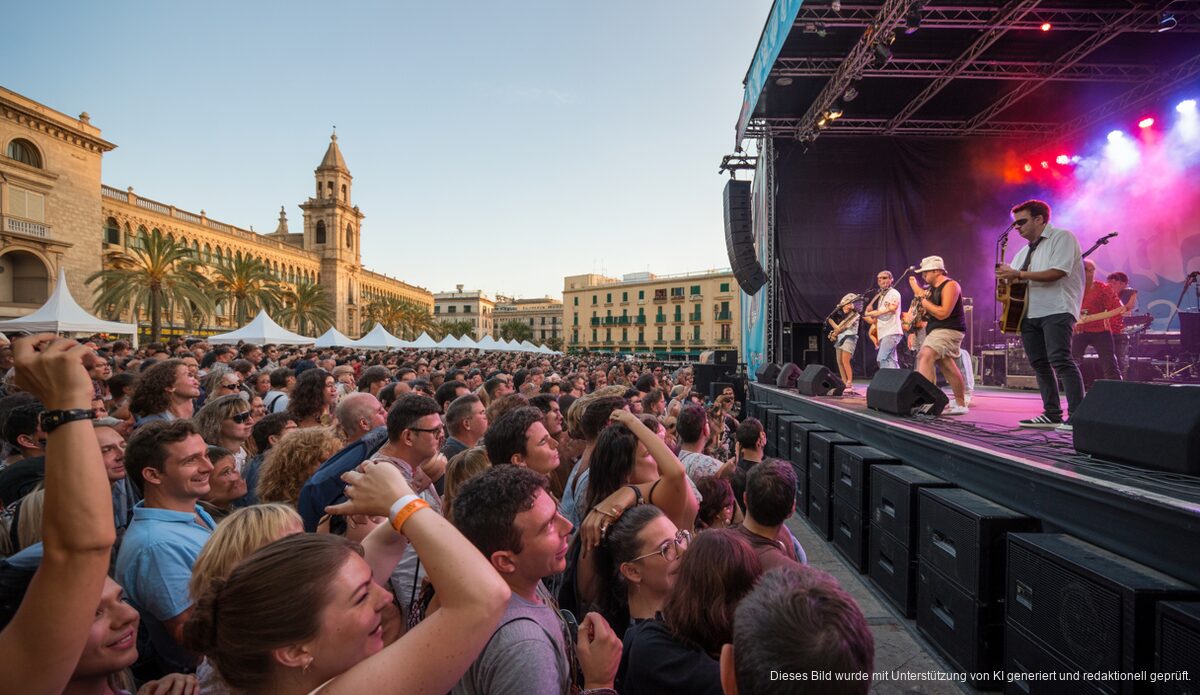 Musikfestival in Palma mit Bandauftritt und bunten Lichtern.