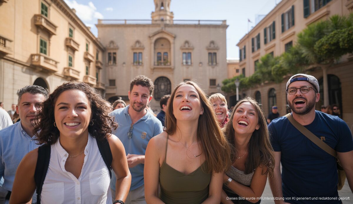 Besucher vor dem Palau del Consell auf Mallorca bei sonnigem Wetter