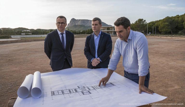 Zukünftiger Standort des Bildungszentrums Alcúdia mit Plänen und Beamten im Vordergrund.