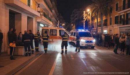 Notfälle in Palma de Mallorca in der Silvesternacht mit Rettungskräften und feiernder Menschenmenge.