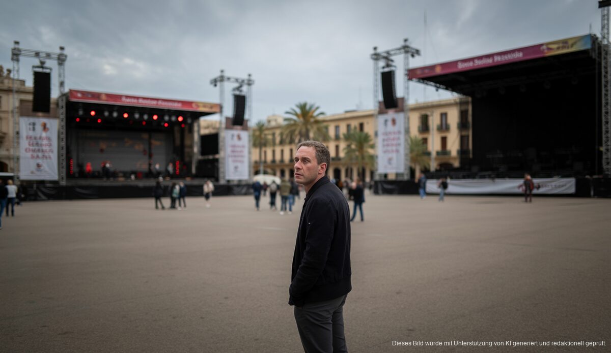Leerer Platz in Palma mit unbenutzten Konzertbühnen während des abgesagten Sant Sebastià